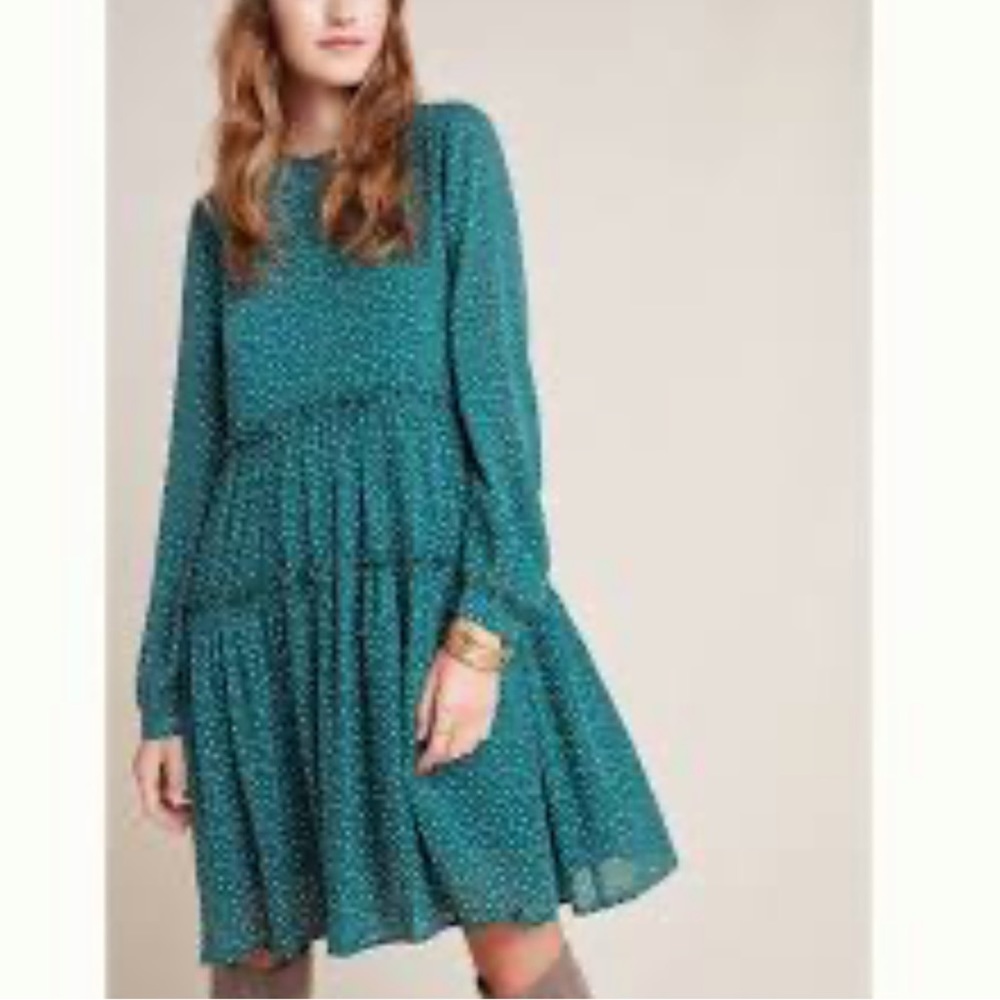 Maeve Anthropologie Esther Tiered Midi Dress Green Dot Print Size XLARGE